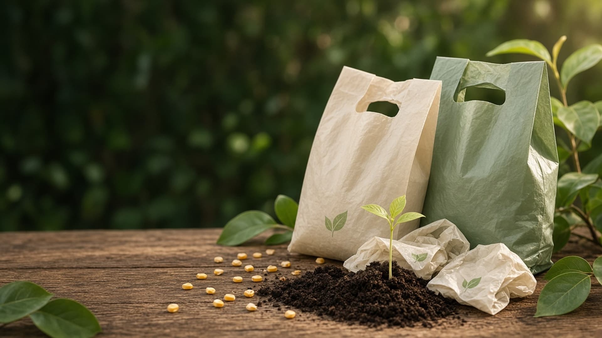 Bio-compostable bags with fresh compost soil, a young sprout and green leaves