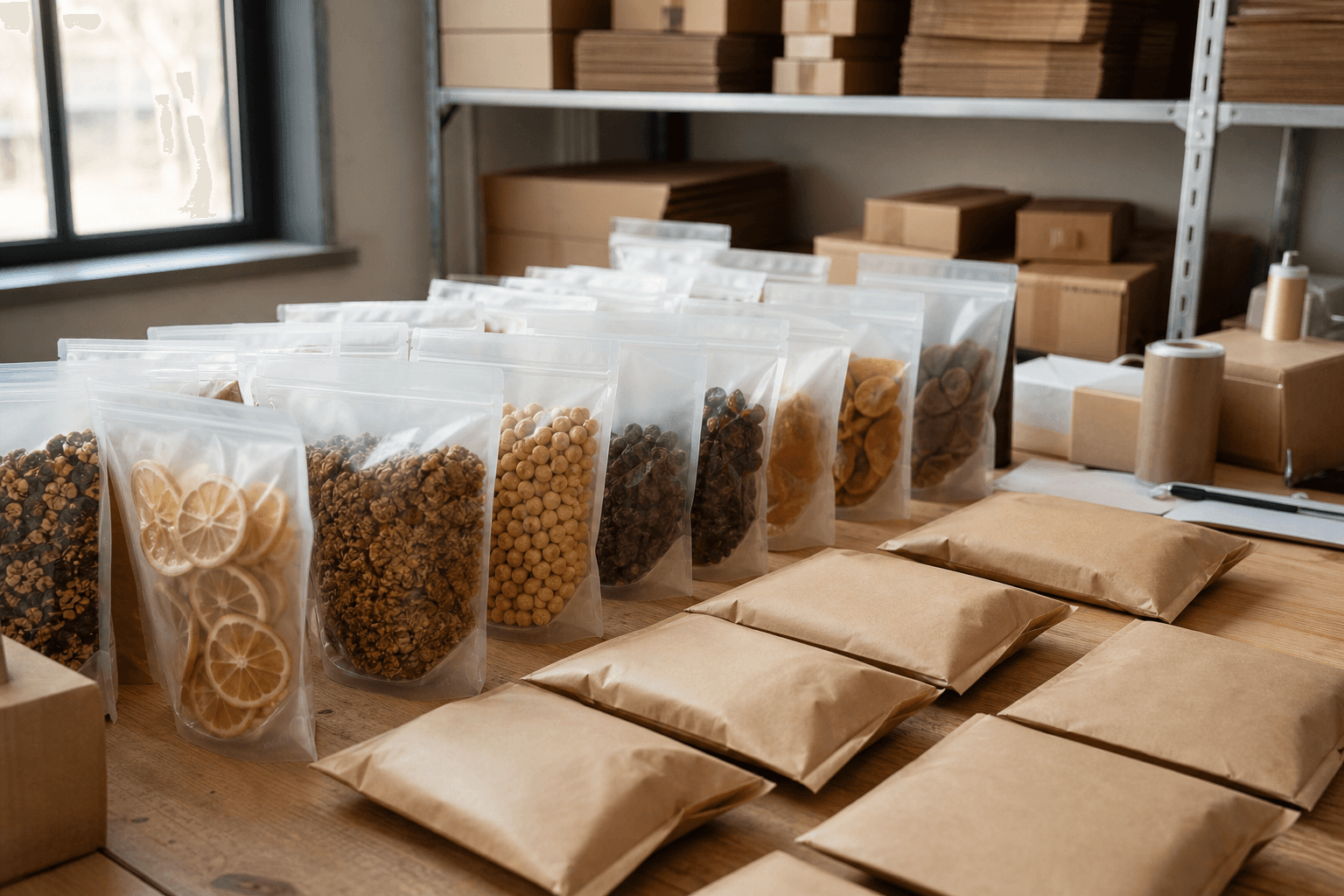 E-commerce packing bench with compostable pouches ready to ship