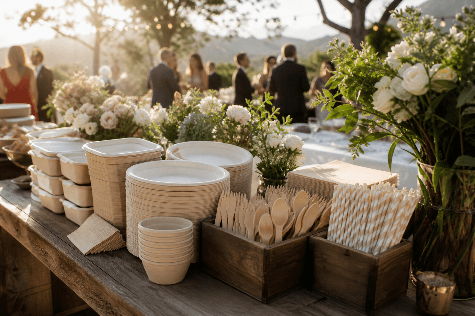 Event catering table with compostable service items