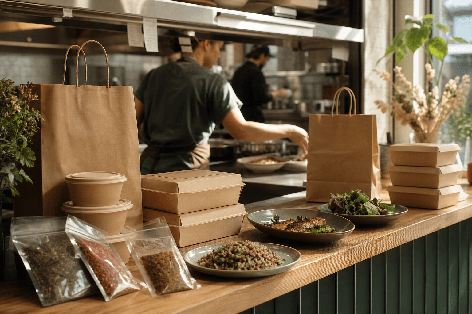 Compostable food containers and pouches on a kitchen takeaway counter