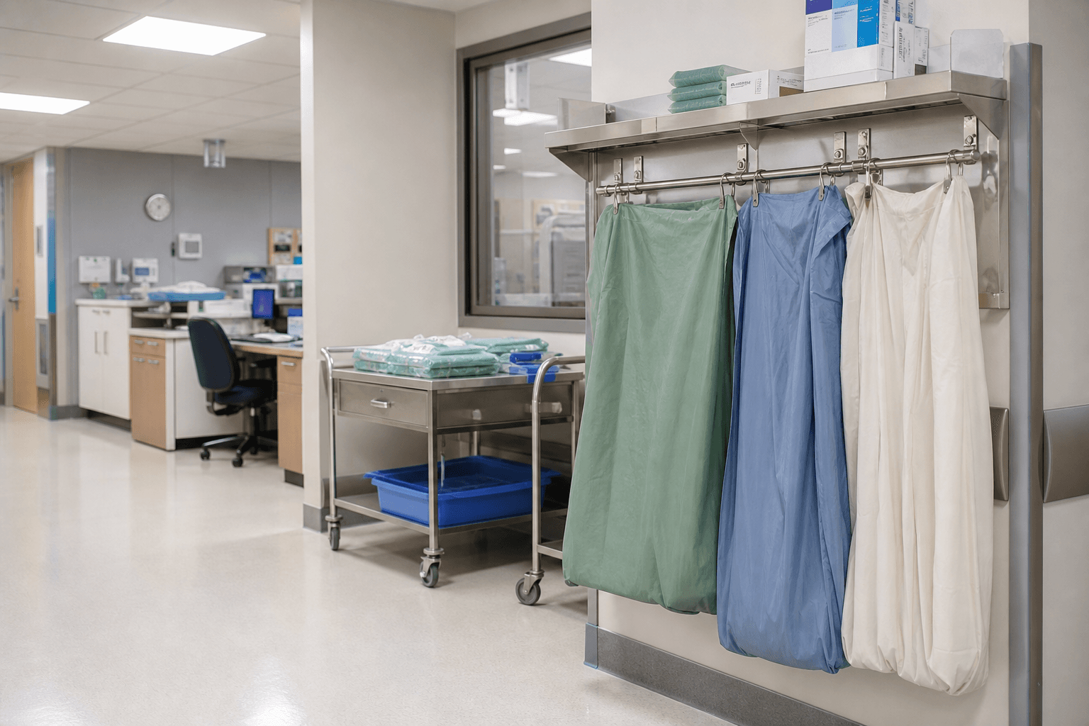 Compostable medical waste bags at a hospital housekeeping station