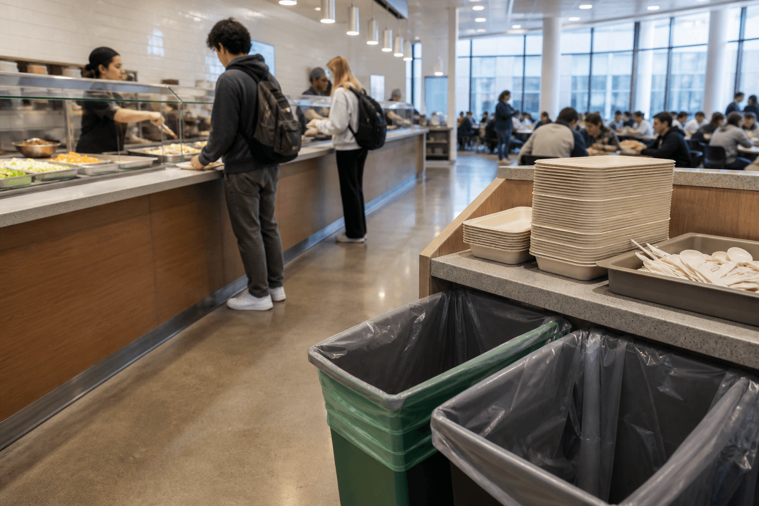 Campus canteen serving compostable meal containers