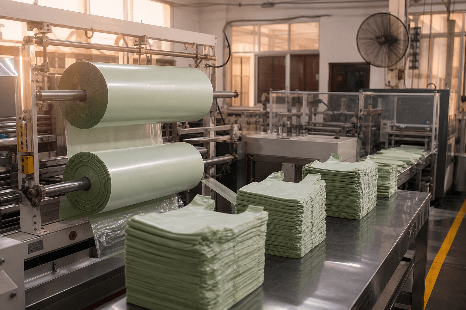 Compostable bag production on a packing line