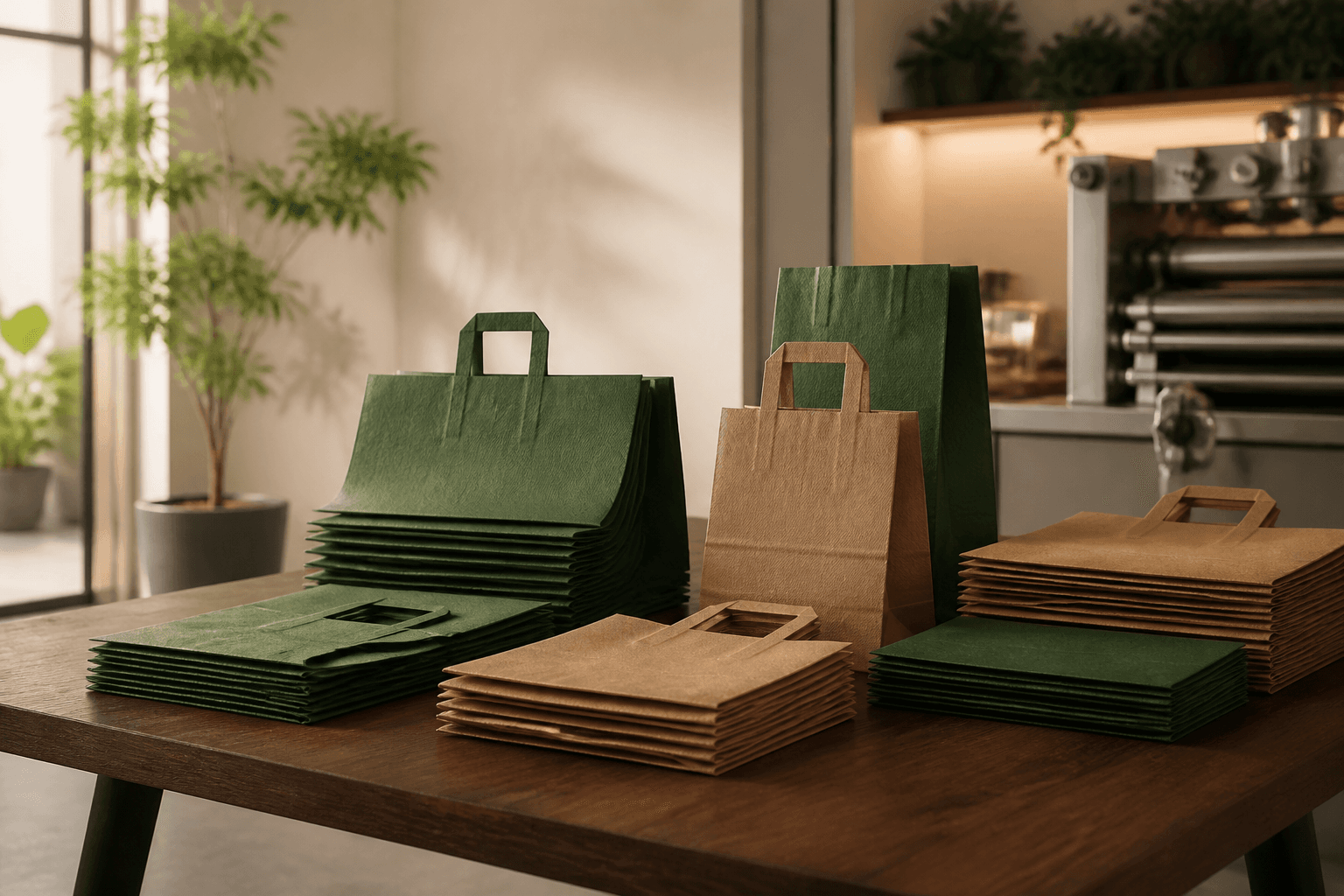 Compostable carry bags arranged in a quiet manufacturing showroom